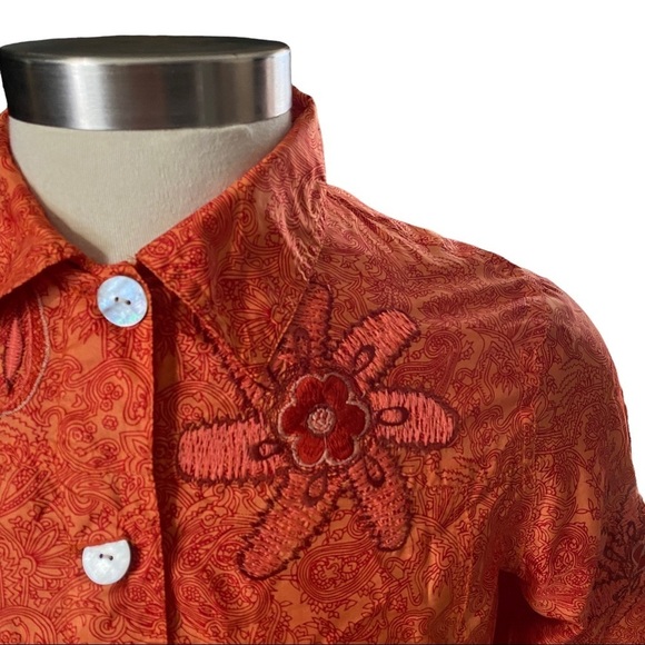 Laura Ashley Burnt Orange 100% Silk Floral Embroidered Collared Blouse Jacket PL - Picture 3 of 11